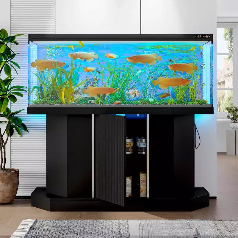 GDFStudio Logan Modern Wood Aquarium Stand with Power Outlet and Storage Cabinet