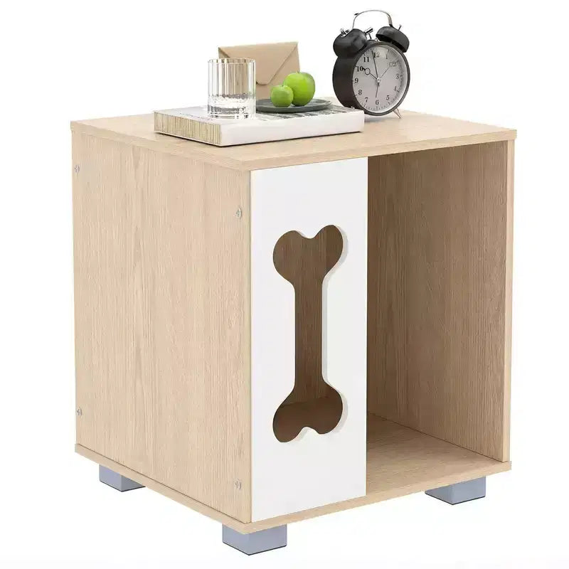Costway Dog Bed Side Table, Wooden Dog Condo with Bone-shape Window & Thick Metal Legs