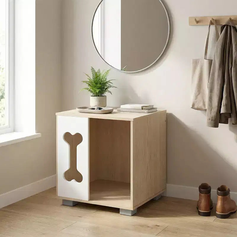 Table d'appoint avec niche pour chien Costway, condo pour chien en bois avec fenêtre en forme d'os et pieds épais en métal