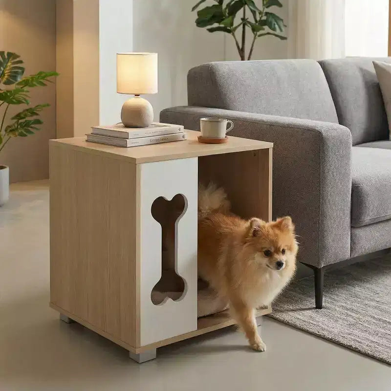 Table d'appoint avec niche pour chien Costway, condo pour chien en bois avec fenêtre en forme d'os et pieds épais en métal
