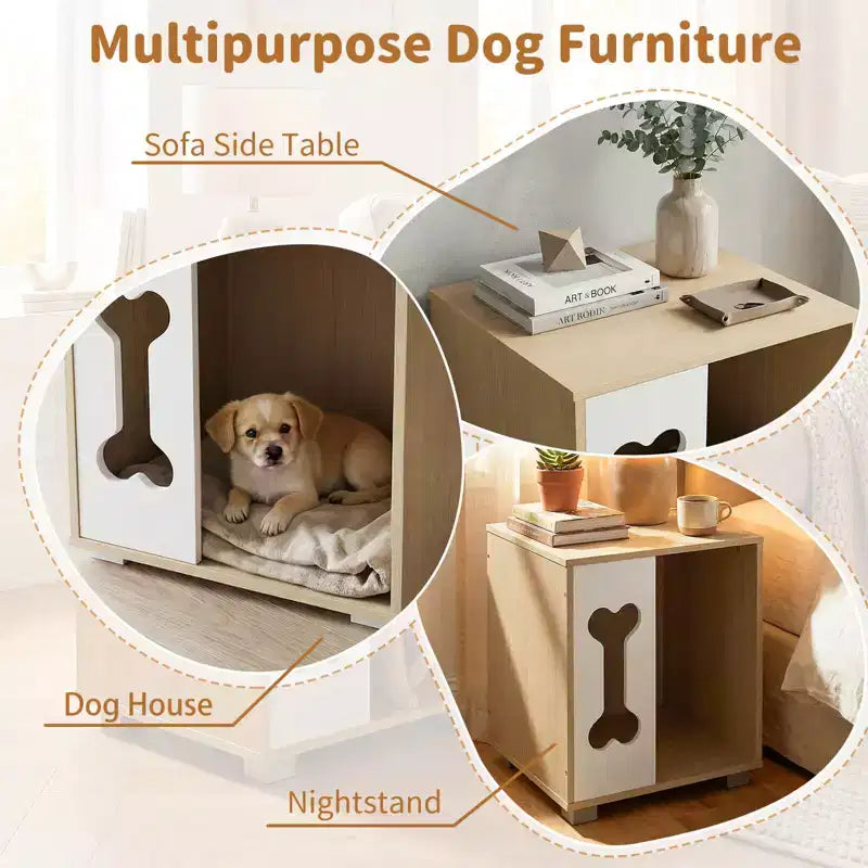 Table d'appoint avec niche pour chien Costway, condo pour chien en bois avec fenêtre en forme d'os et pieds épais en métal