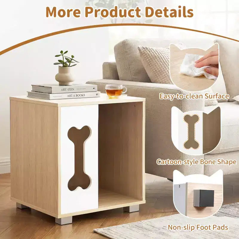 Table d'appoint avec niche pour chien Costway, condo pour chien en bois avec fenêtre en forme d'os et pieds épais en métal