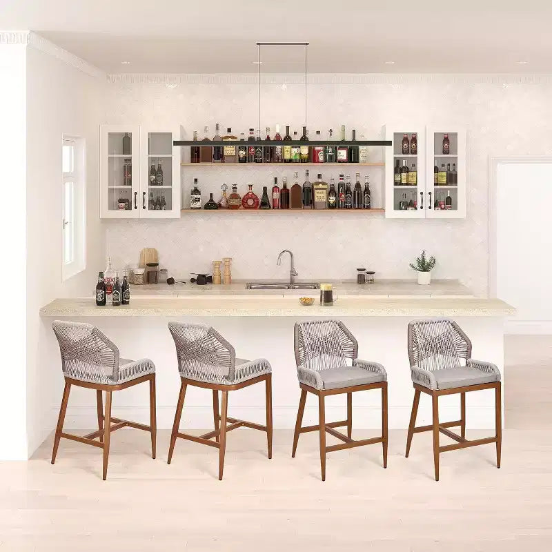 Counter Tall Height Bar Stools Set of 4, 24.8 H Rattan Bar Stools, Home Back Dining Chair, Ergonomic Comfort Design with Backrest and Arm, Brown