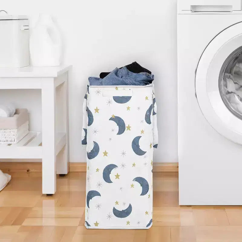 Cesto portabiancheria pieghevole Sweet Jojo Designs per bambino, bambina, unisex/neutro con maniglie motivo orsetto lunare blu, oro e bianco