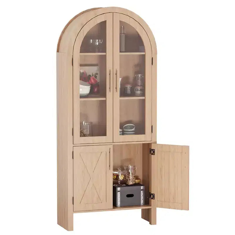 60 Arched Display Cabinet with Glass Doors, Modern Wood Storage Cabinet with Adjustable Shelves for Kitchen, Bathroom, Entryway, Dining Room