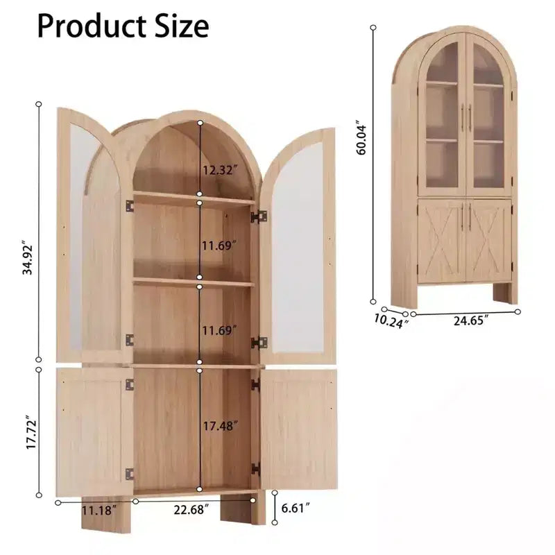Vetrinetta ad arco da 150 cm con ante in vetro, mobile contenitore moderno in legno con ripiani regolabili per cucina, bagno, ingresso, sala da pranzo