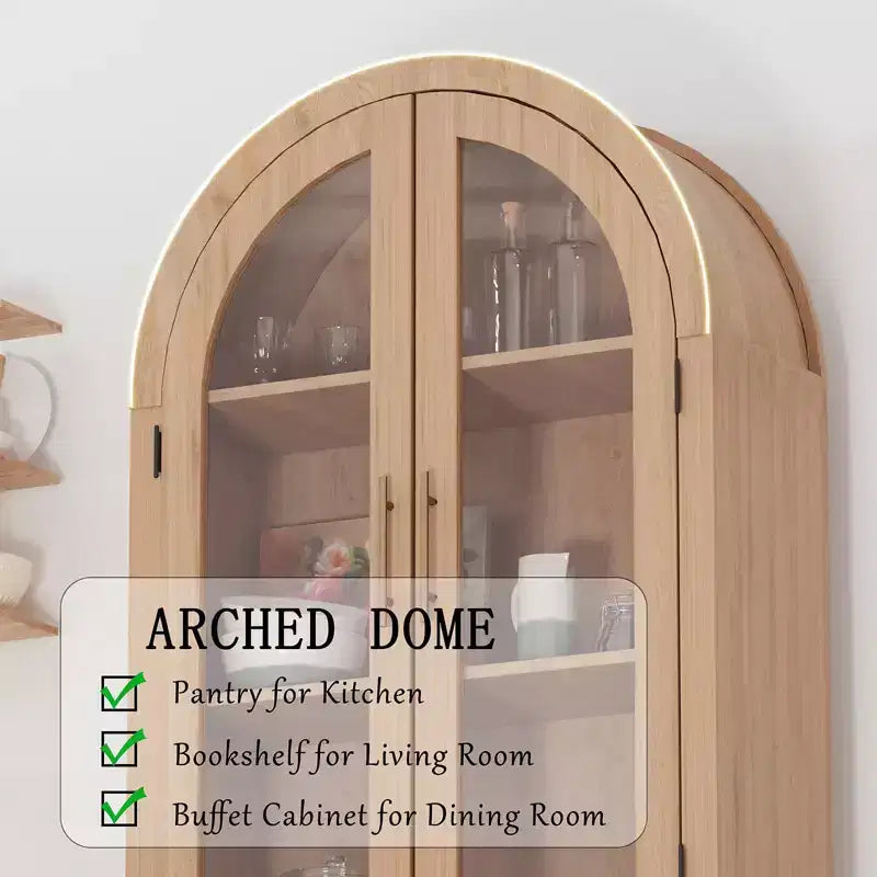 Vetrinetta ad arco da 150 cm con ante in vetro, mobile contenitore moderno in legno con ripiani regolabili per cucina, bagno, ingresso, sala da pranzo