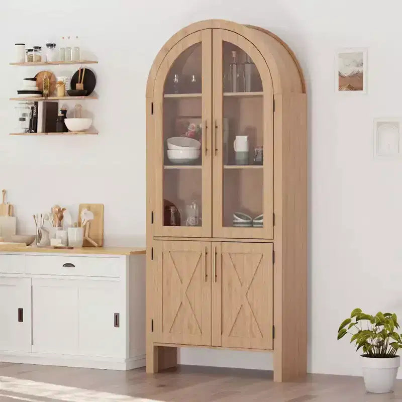 Vetrinetta ad arco da 150 cm con ante in vetro, mobile contenitore moderno in legno con ripiani regolabili per cucina, bagno, ingresso, sala da pranzo