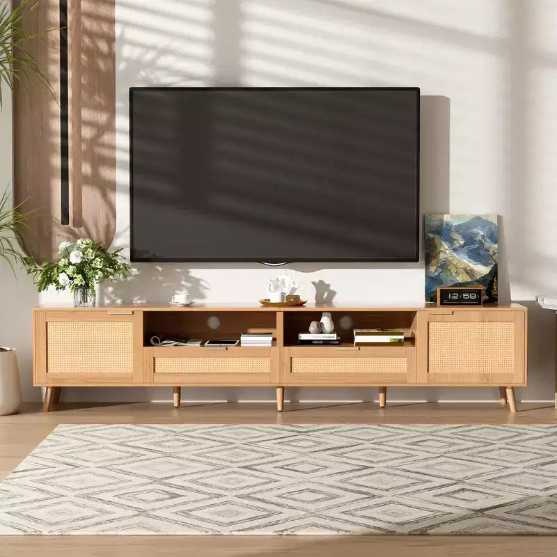 ModernLuxe Rattan TV Stand for TVs up to 90'', Modern Farmhouse Media Console TV Cabinet Entertainment Center with Storage Space, Natural