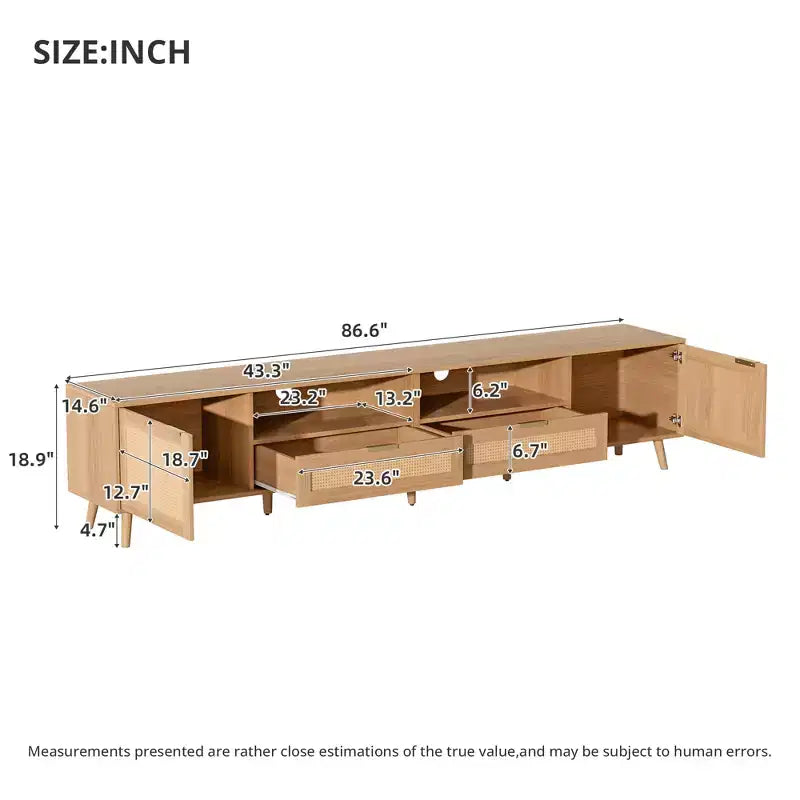 Meuble TV en rotin ModernLuxe pour téléviseurs jusqu'à 90", meuble console TV de ferme moderne avec espace de rangement, naturel