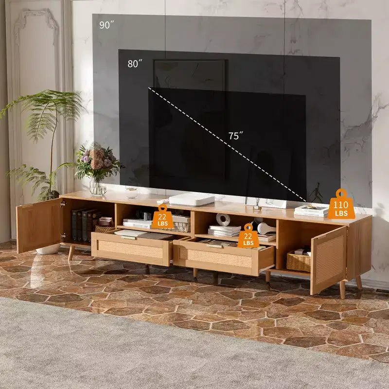 Meuble TV en rotin ModernLuxe pour téléviseurs jusqu'à 90", meuble console TV de ferme moderne avec espace de rangement, naturel