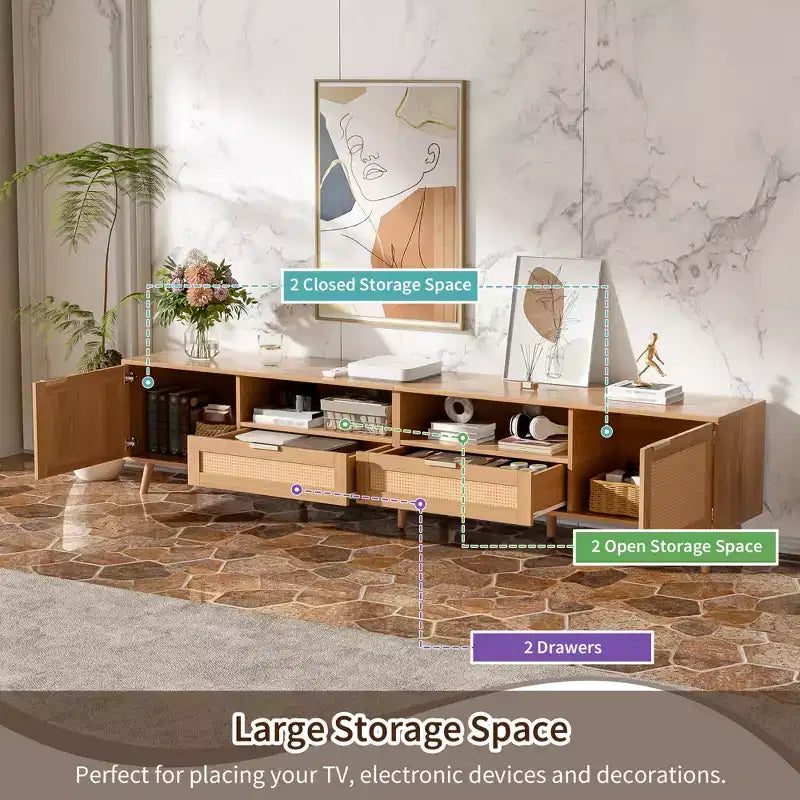 Meuble TV en rotin ModernLuxe pour téléviseurs jusqu'à 90", meuble console TV de ferme moderne avec espace de rangement, naturel