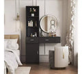 JVNOXK Modern minimalist vanity mirror with three-dimensional multi-tiered storage, featuring two enclosed drawer compartments. Black