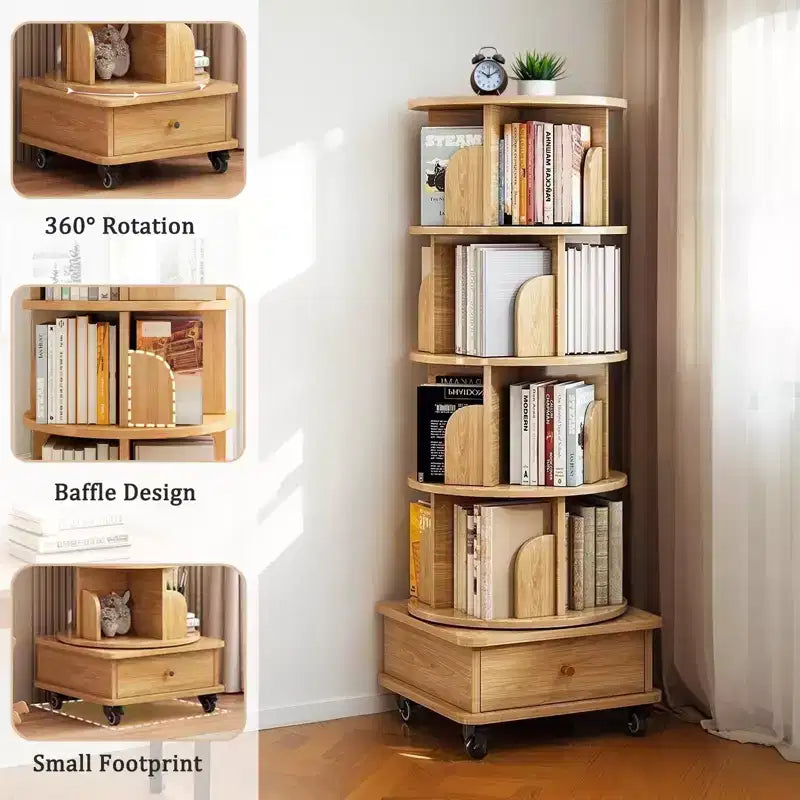 Libreria Rotante a 5 Livelli a 360°, Colore Legno, Struttura Robusta, Salvaspazio per Piccoli Angoli, per Camera da Letto/Soggiorno/Studio/Ufficio Domestico