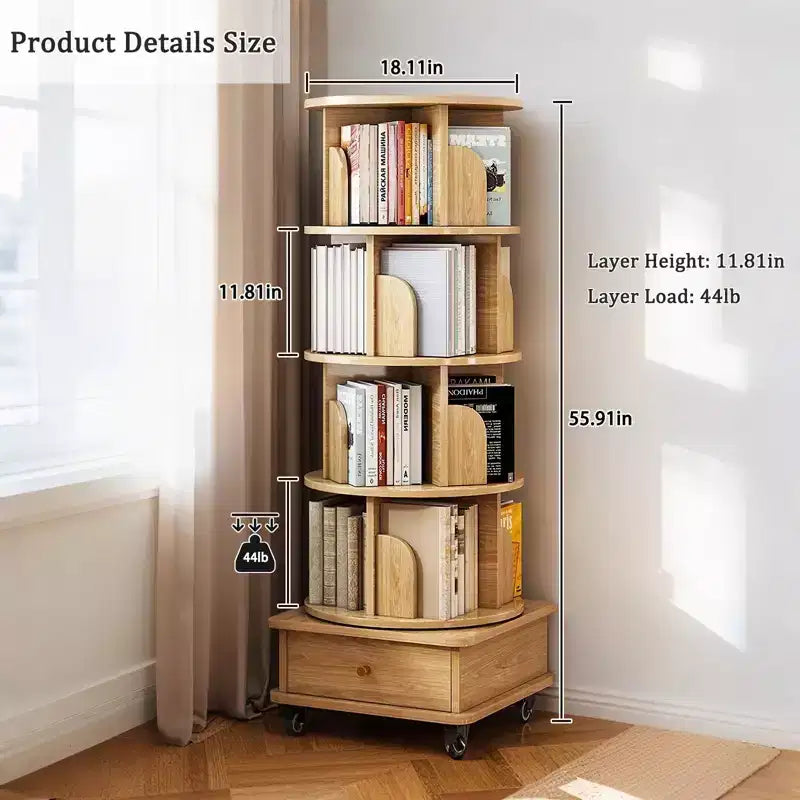 Libreria Rotante a 5 Livelli a 360°, Colore Legno, Struttura Robusta, Salvaspazio per Piccoli Angoli, per Camera da Letto/Soggiorno/Studio/Ufficio Domestico