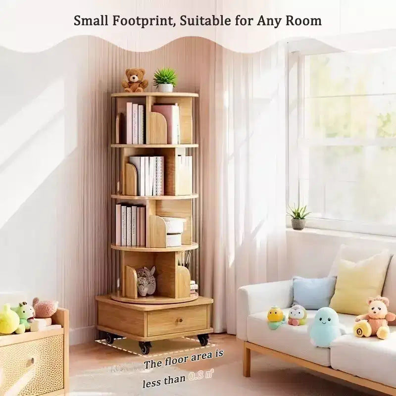 Libreria Rotante a 5 Livelli a 360°, Colore Legno, Struttura Robusta, Salvaspazio per Piccoli Angoli, per Camera da Letto/Soggiorno/Studio/Ufficio Domestico