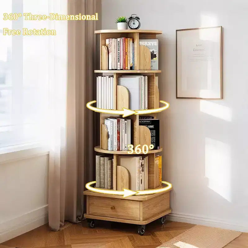 Libreria Rotante a 5 Livelli a 360°, Colore Legno, Struttura Robusta, Salvaspazio per Piccoli Angoli, per Camera da Letto/Soggiorno/Studio/Ufficio Domestico