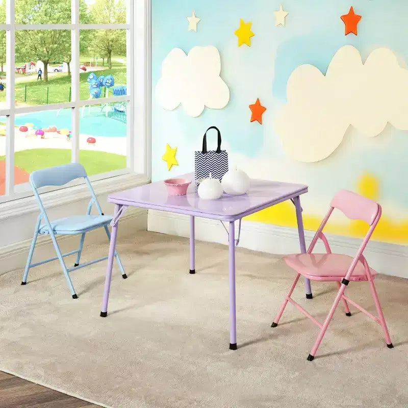 FurnitureR Kids Table and Chair Set, 3-Piece Metal Folding Table with 2 Chairs, Compact Play Table Set for Toddler Room, Playroom, Bedroom, Indoor Use