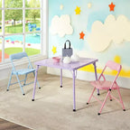 FurnitureR Kids Table and Chair Set, 3-Piece Metal Folding Table with 2 Chairs, Compact Play Table Set for Toddler Room, Playroom, Bedroom, Indoor Use