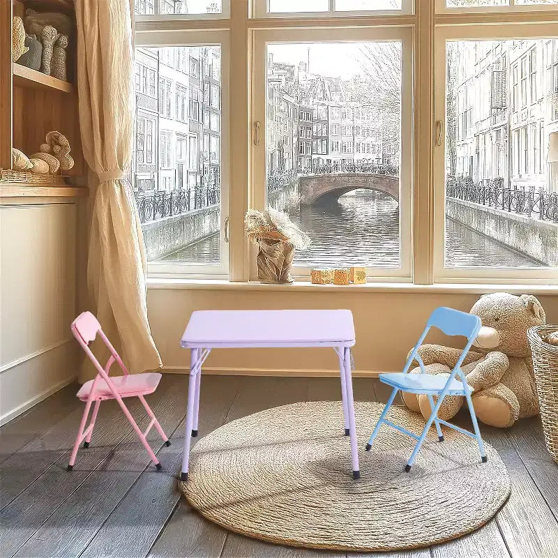 FurnitureR Set Tavolo e Sedie per Bambini, Tavolo Pieghevole in Metallo a 3 Pezzi con 2 Sedie, Set Tavolo da Gioco Compatto per Stanza dei Bambini, Sala Giochi, Camera da Letto, Uso Interno
