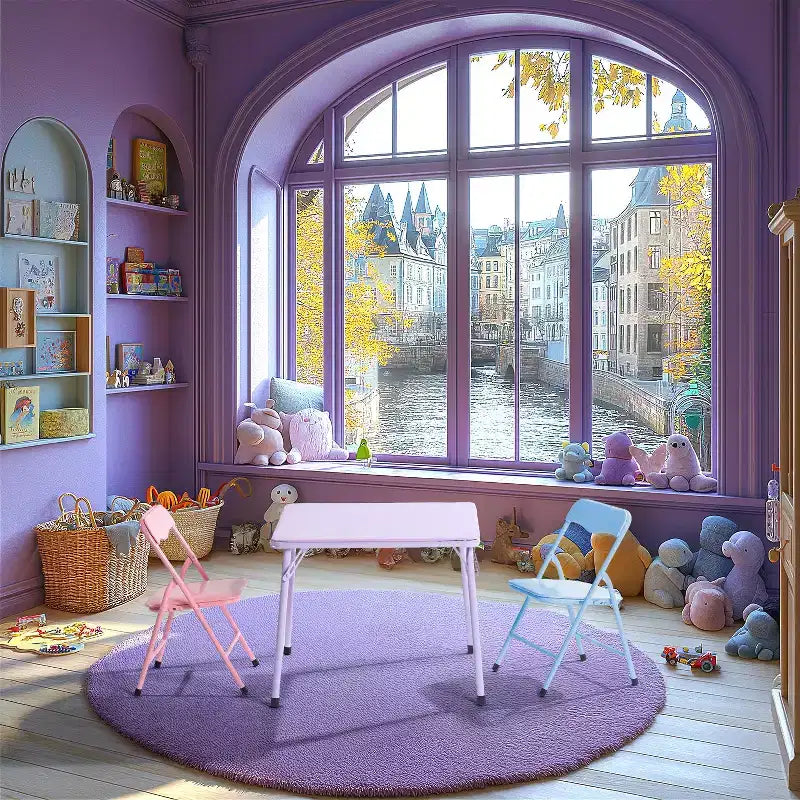 FurnitureR Set Tavolo e Sedie per Bambini, Tavolo Pieghevole in Metallo a 3 Pezzi con 2 Sedie, Set Tavolo da Gioco Compatto per Stanza dei Bambini, Sala Giochi, Camera da Letto, Uso Interno