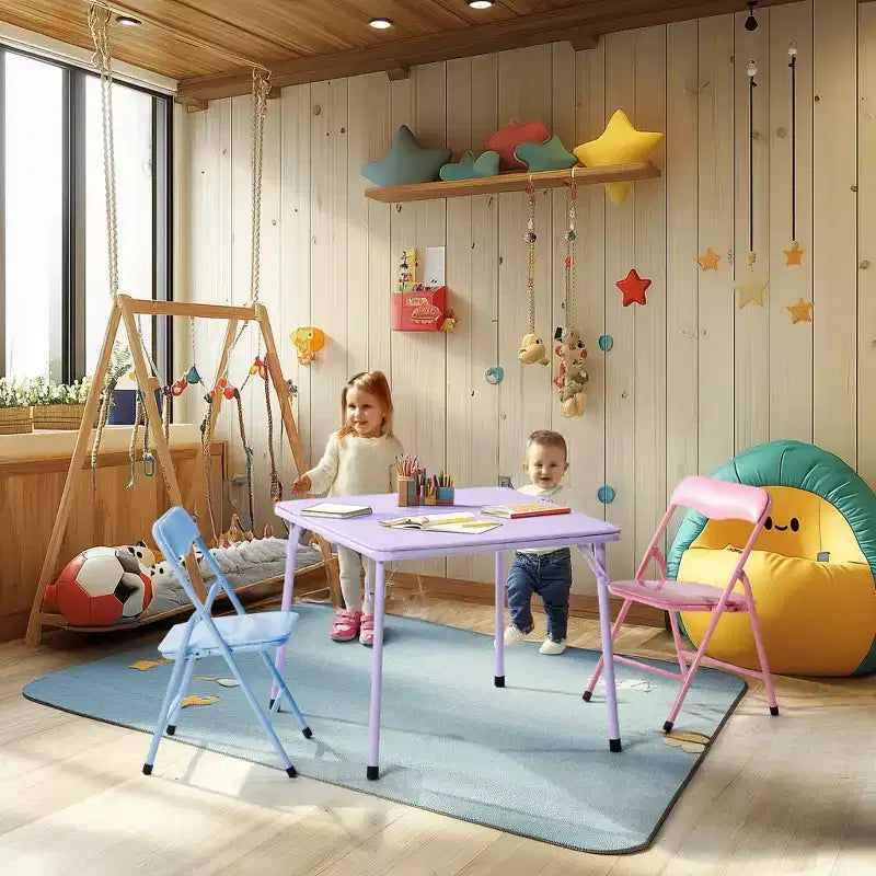 FurnitureR Set Tavolo e Sedie per Bambini, Tavolo Pieghevole in Metallo a 3 Pezzi con 2 Sedie, Set Tavolo da Gioco Compatto per Stanza dei Bambini, Sala Giochi, Camera da Letto, Uso Interno