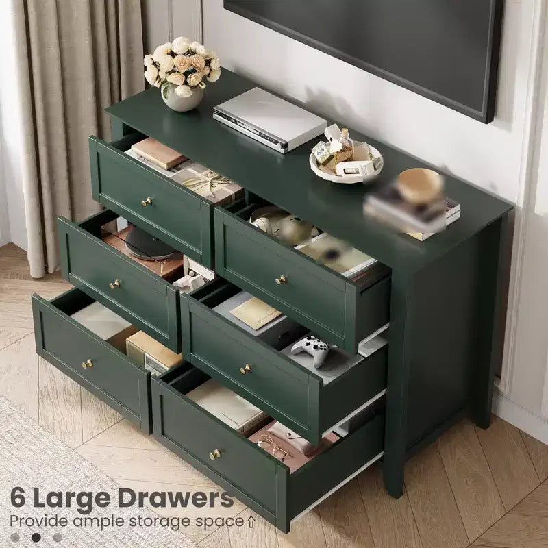 Cassettiera a 6 cassetti per camera da letto, Comò in legno da 120 cm con pomelli in metallo, Porta TV, Organizzatore per vestiti per camera da letto, Marrone