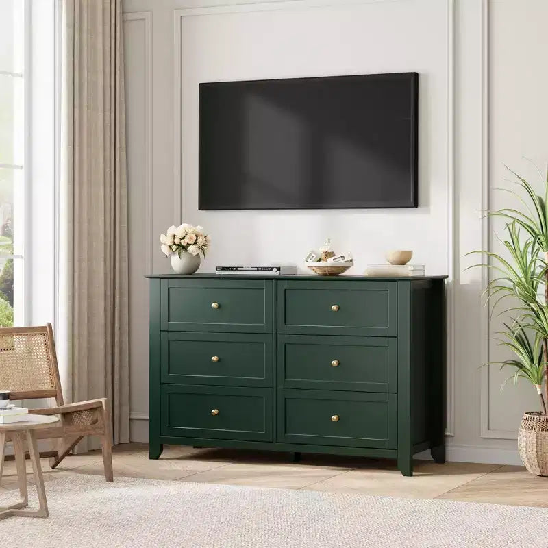 Cassettiera a 6 cassetti per camera da letto, Comò in legno da 120 cm con pomelli in metallo, Porta TV, Organizzatore per vestiti per camera da letto, Marrone