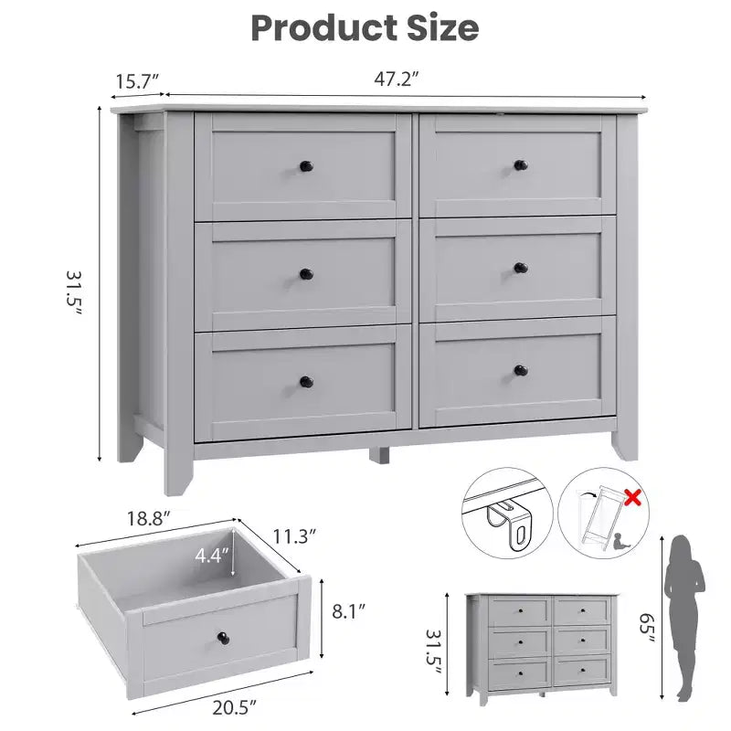 Cassettiera a 6 cassetti per camera da letto, Comò in legno da 120 cm con pomelli in metallo, Porta TV, Organizzatore per vestiti per camera da letto, Marrone