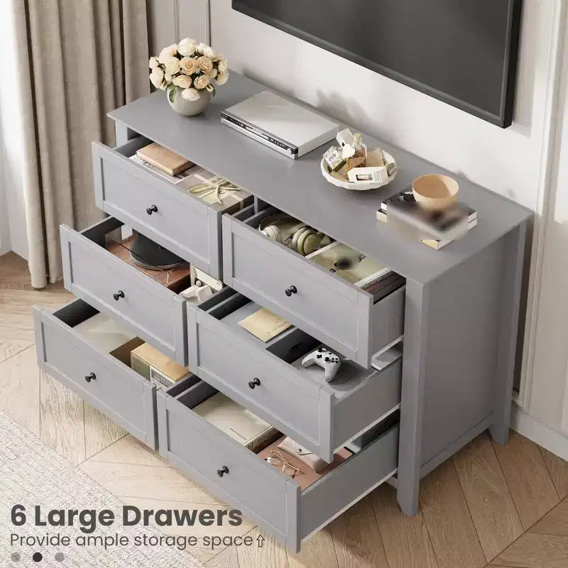 Cassettiera a 6 cassetti per camera da letto, Comò in legno da 120 cm con pomelli in metallo, Porta TV, Organizzatore per vestiti per camera da letto, Marrone