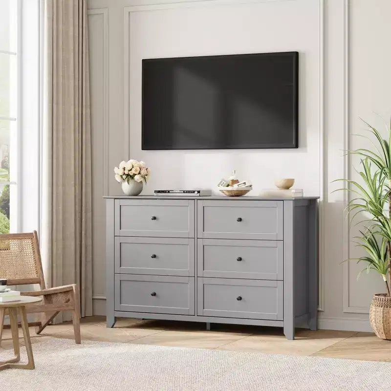 Cassettiera a 6 cassetti per camera da letto, Comò in legno da 120 cm con pomelli in metallo, Porta TV, Organizzatore per vestiti per camera da letto, Marrone