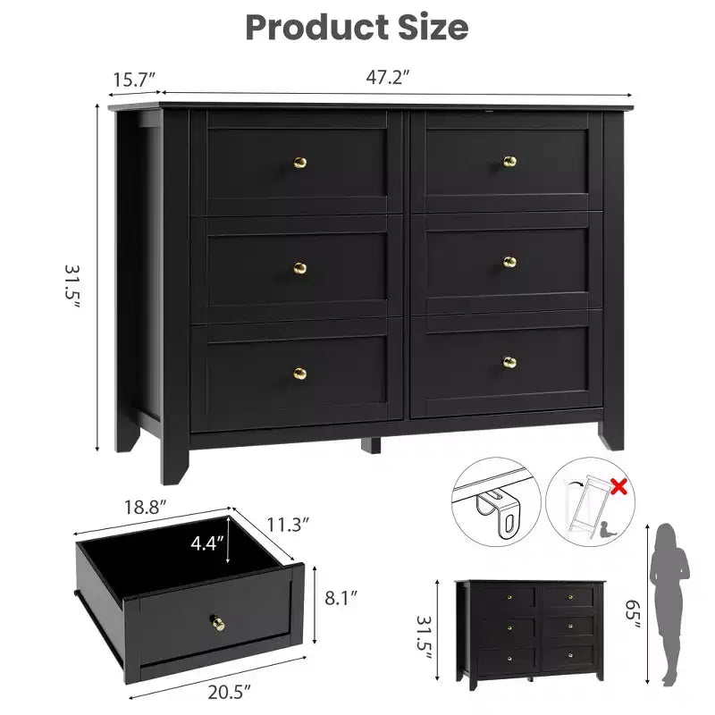 Cassettiera a 6 cassetti per camera da letto, Comò in legno da 120 cm con pomelli in metallo, Porta TV, Organizzatore per vestiti per camera da letto, Marrone