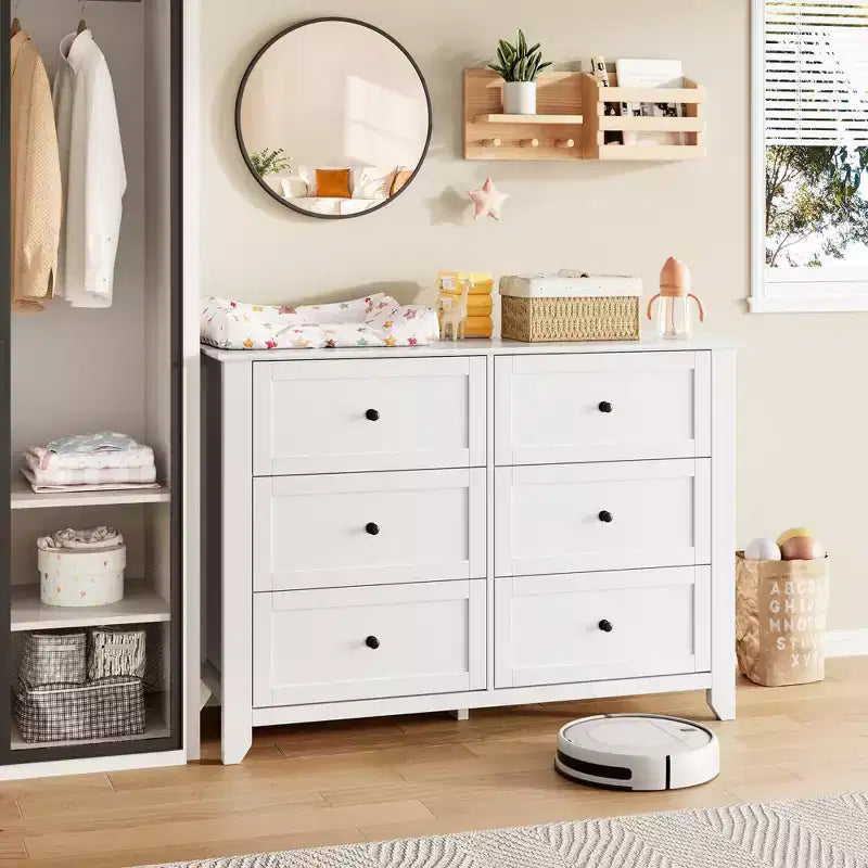 Cassettiera a 6 cassetti per camera da letto, Comò in legno da 120 cm con pomelli in metallo, Porta TV, Organizzatore per vestiti per camera da letto, Marrone