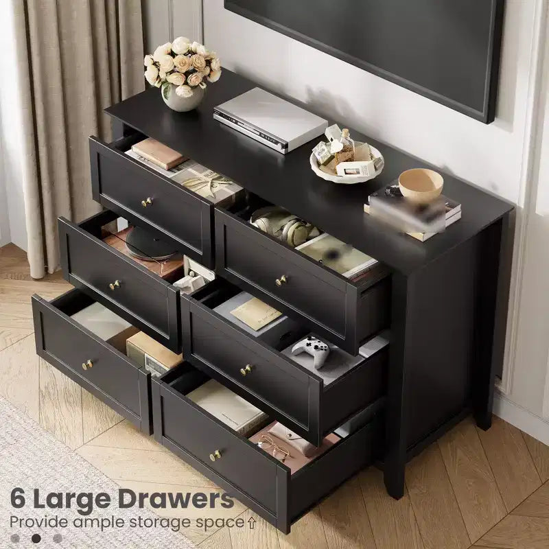 Cassettiera a 6 cassetti per camera da letto, Comò in legno da 120 cm con pomelli in metallo, Porta TV, Organizzatore per vestiti per camera da letto, Marrone