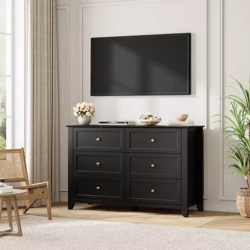 Cassettiera a 6 cassetti per camera da letto, Comò in legno da 120 cm con pomelli in metallo, Porta TV, Organizzatore per vestiti per camera da letto, Marrone