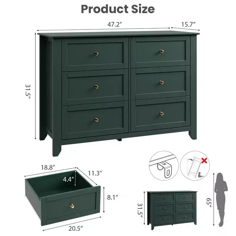 Cassettiera a 6 cassetti per camera da letto, Comò in legno da 120 cm con pomelli in metallo, Porta TV, Organizzatore per vestiti per camera da letto, Marrone