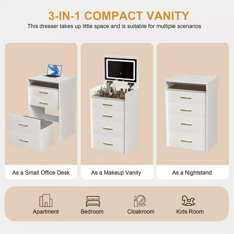 Scrivania toeletta e comodino ribaltabile 3-in-1, compatto con contenitore, piano in vetro