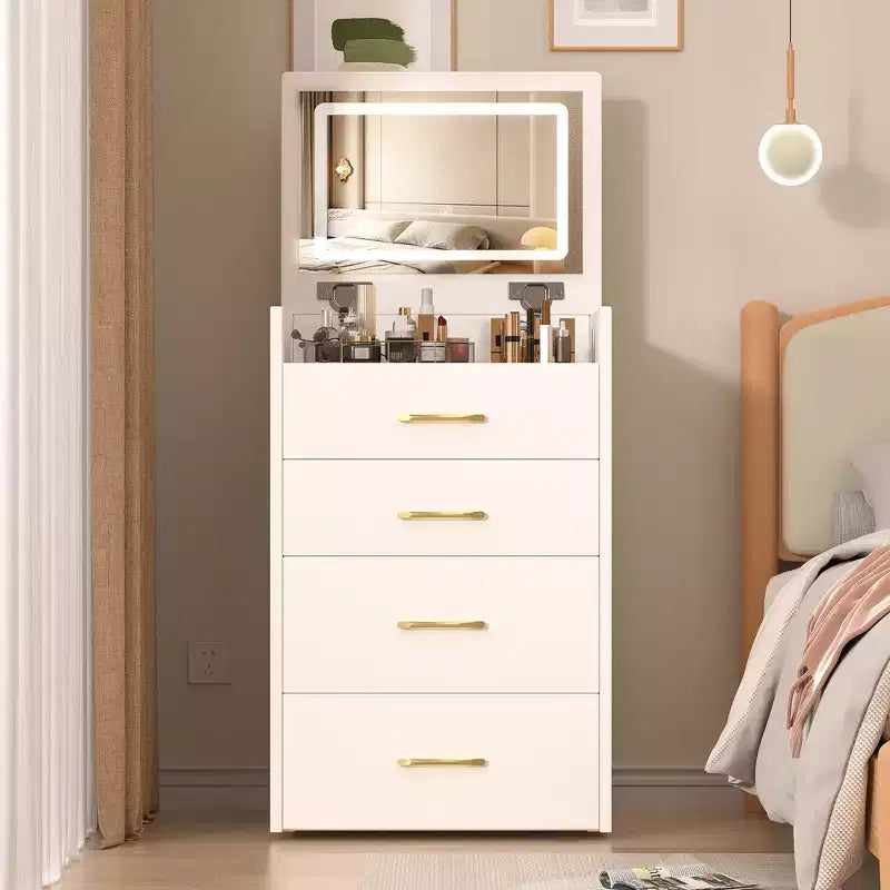 Table de toilette et table de chevet 3-en-1 avec miroir basculant, compacte avec rangement, plateau en verre