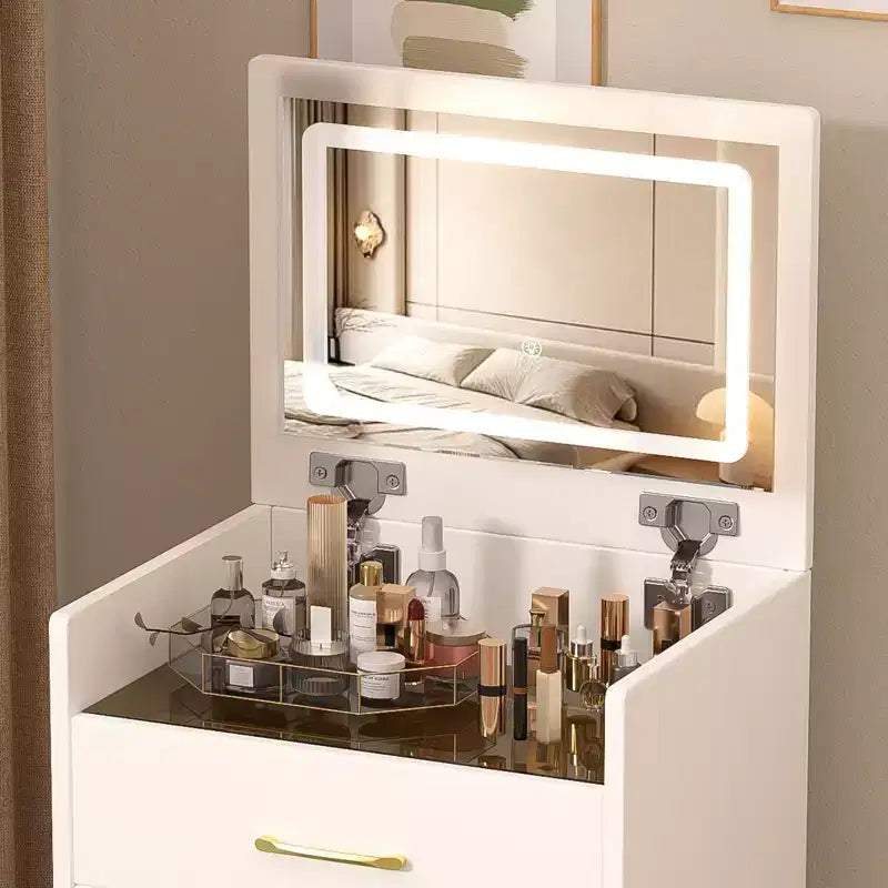 Table de toilette et table de chevet 3-en-1 avec miroir basculant, compacte avec rangement, plateau en verre