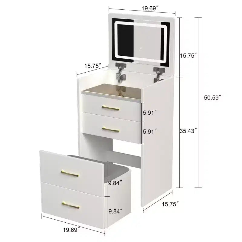 Scrivania toeletta e comodino ribaltabile 3-in-1, compatto con contenitore, piano in vetro