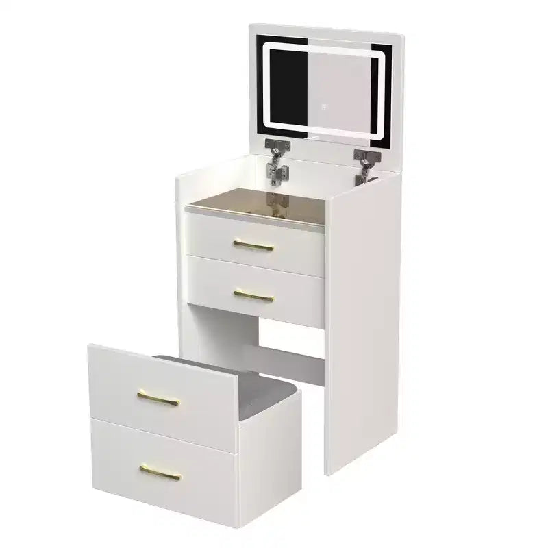 Scrivania toeletta e comodino ribaltabile 3-in-1, compatto con contenitore, piano in vetro