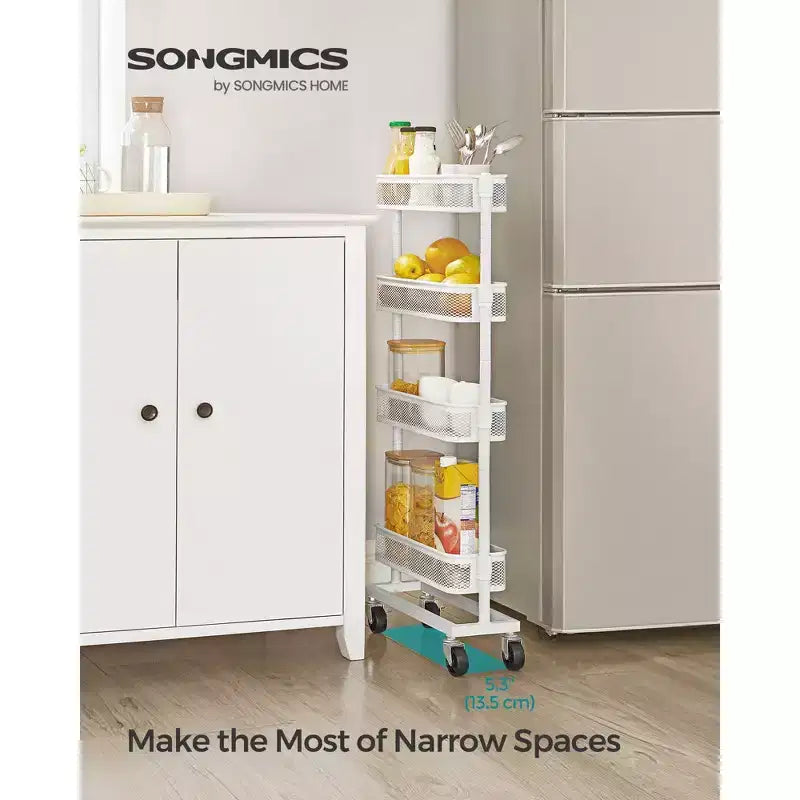 SONGMICS Carrello Salvaspazio Sottile, Carrello da Cucina a 4 Piani con Ruote, Cestelli Flessibili, Carrello Sottile per Cucina, Bagno, Facile da Montare, Bianco
