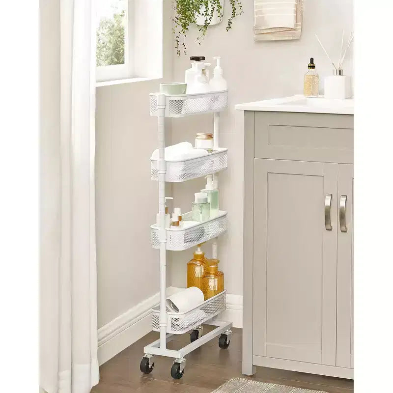 SONGMICS Carrello Salvaspazio Sottile, Carrello da Cucina a 4 Piani con Ruote, Cestelli Flessibili, Carrello Sottile per Cucina, Bagno, Facile da Montare, Bianco