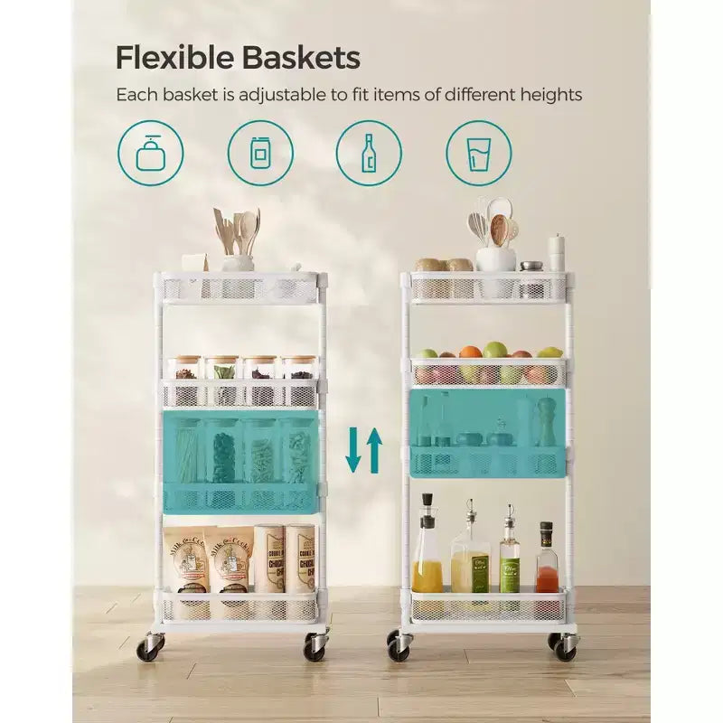 SONGMICS Carrello Salvaspazio Sottile, Carrello da Cucina a 4 Piani con Ruote, Cestelli Flessibili, Carrello Sottile per Cucina, Bagno, Facile da Montare, Bianco