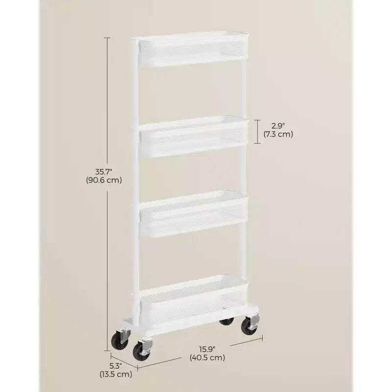 SONGMICS Carrello Salvaspazio Sottile, Carrello da Cucina a 4 Piani con Ruote, Cestelli Flessibili, Carrello Sottile per Cucina, Bagno, Facile da Montare, Bianco