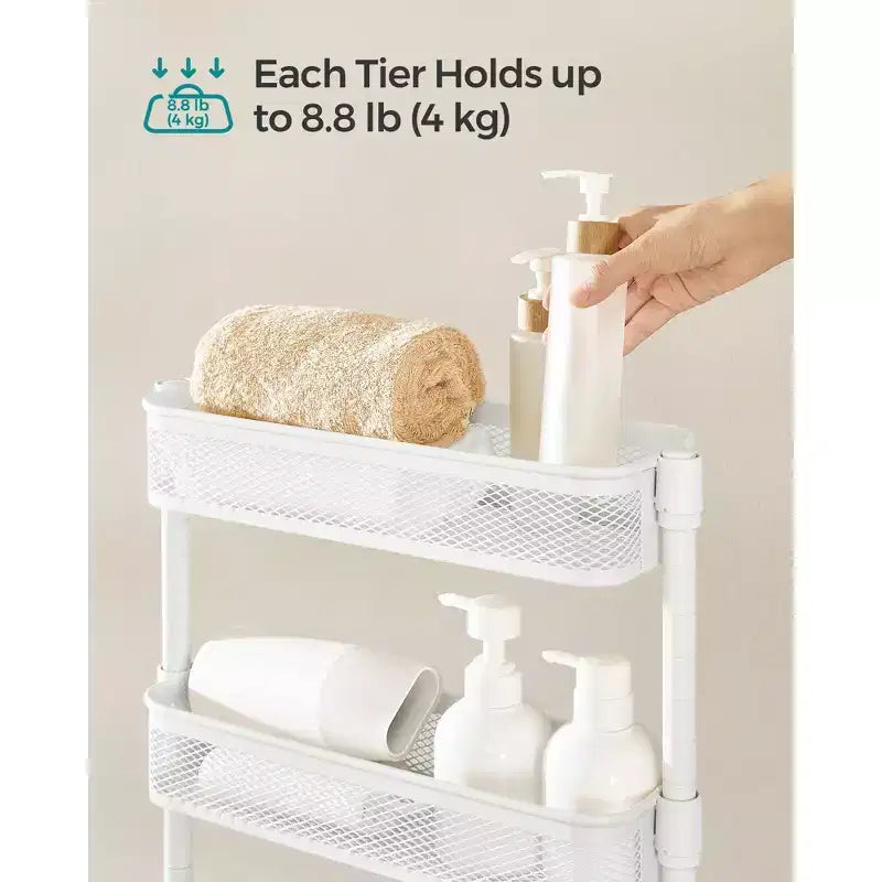 SONGMICS Carrello Salvaspazio Sottile, Carrello da Cucina a 4 Piani con Ruote, Cestelli Flessibili, Carrello Sottile per Cucina, Bagno, Facile da Montare, Bianco