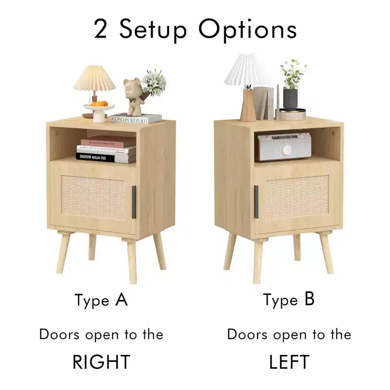 Comodino FurnitureR in MDF effetto legno naturale con anta in canna, comodino con ripiano aperto e armadietto, gambe affusolate per la camera da letto