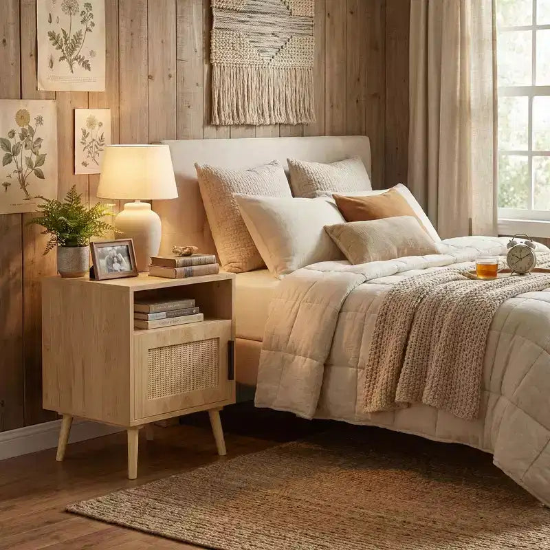 Comodino FurnitureR in MDF effetto legno naturale con anta in canna, comodino con ripiano aperto e armadietto, gambe affusolate per la camera da letto