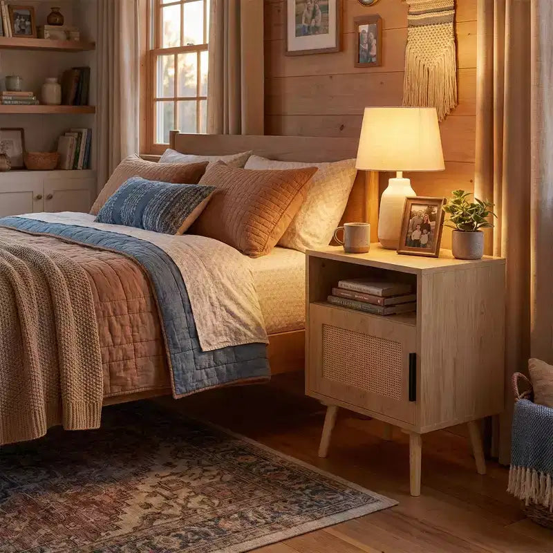 Comodino FurnitureR in MDF effetto legno naturale con anta in canna, comodino con ripiano aperto e armadietto, gambe affusolate per la camera da letto