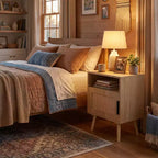 Comodino FurnitureR in MDF effetto legno naturale con anta in canna, comodino con ripiano aperto e armadietto, gambe affusolate per la camera da letto